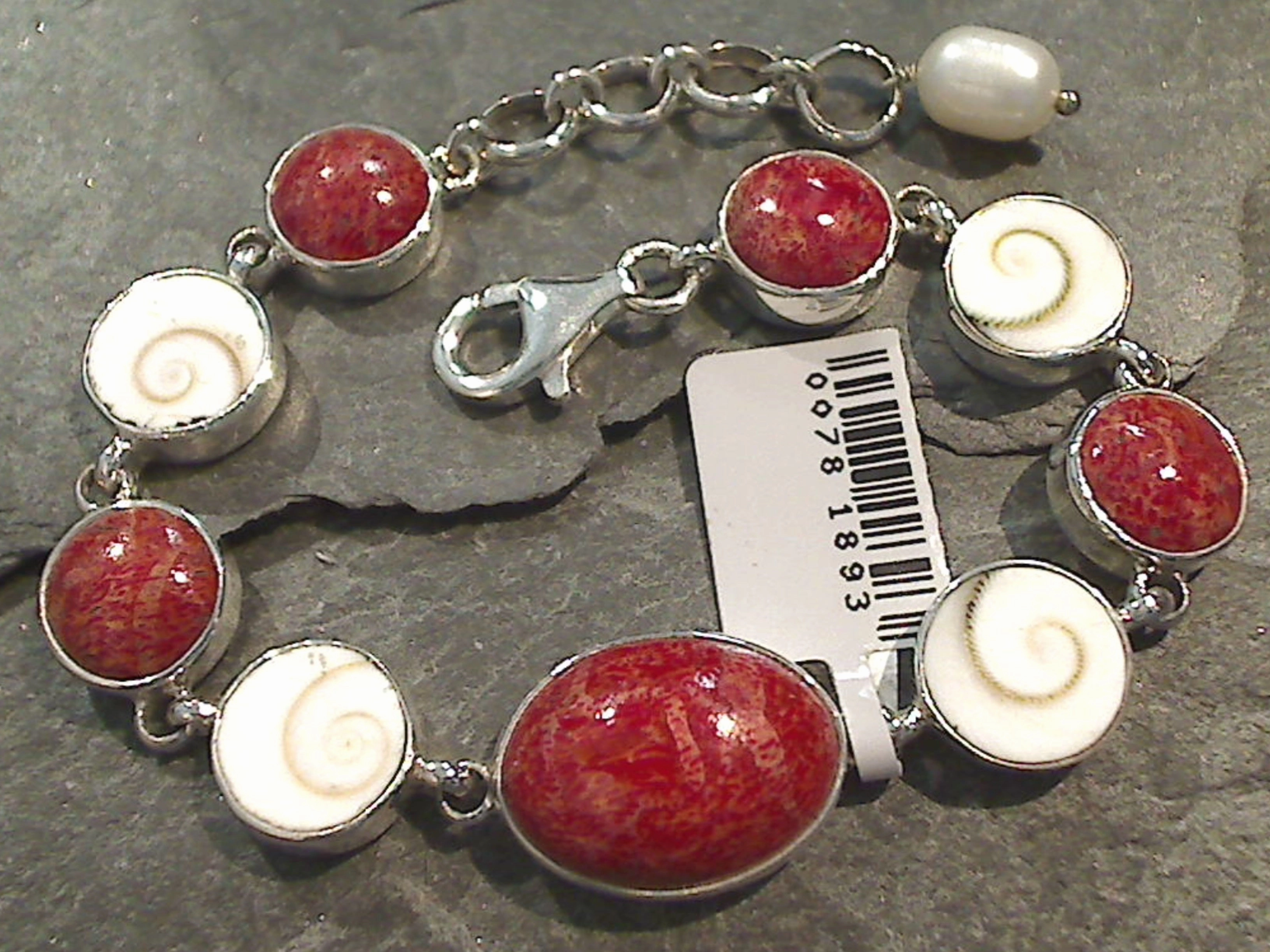 6.75" - 7.5" Coral, Shiva's Eye Shell, Sterling Silver Bracelet Universal Appeal Winter Glam