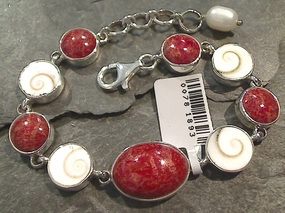 6.75" - 7.5" Coral, Shiva's Eye Shell, Sterling Silver Bracelet Universal Appeal Winter Glam