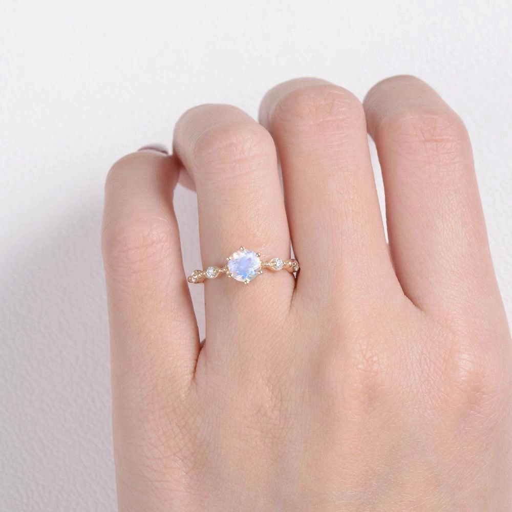 6mm Blue Moonstone Rose Gold Ring Fashion Daily