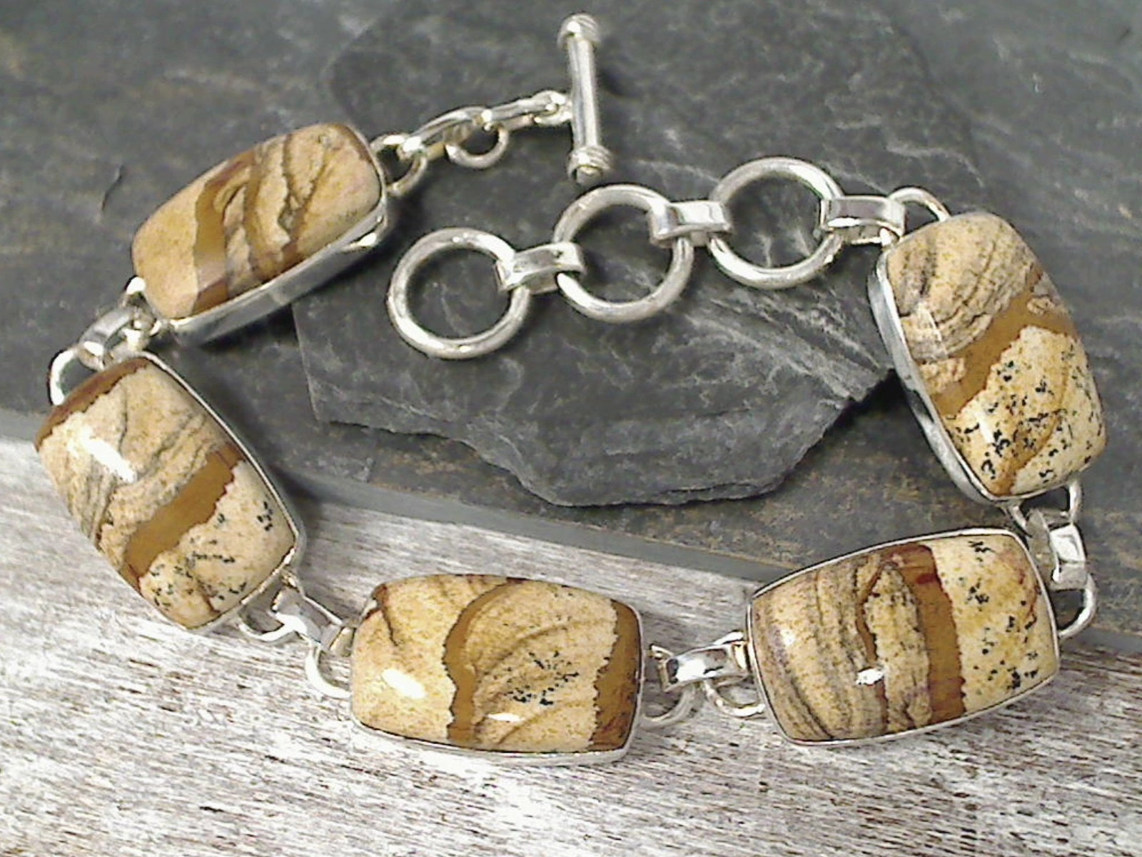 Ideal Blends Dependable Composites 7" - 8" Picture Jasper, Sterling Silver Bracelet