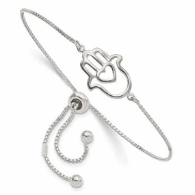 925 Sterling Silver Adjustable Heart Hamsa Evil Eye Chain Polished Dainty Bolo Bracelet Simple Grandeur