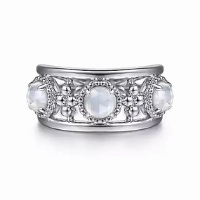 925 Sterling Silver Bujukan Rock Crystal and White Mother of Pearl Station Ring Timeless Set