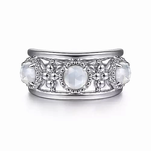 925 Sterling Silver Bujukan Rock Crystal and White Mother of Pearl Station Ring Timeless Set