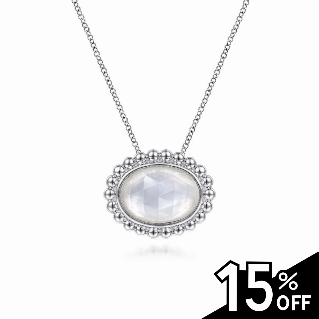 925 Sterling Silver Rock Crystal and White MOP Pendant Necklace Radiant Pieces Finish