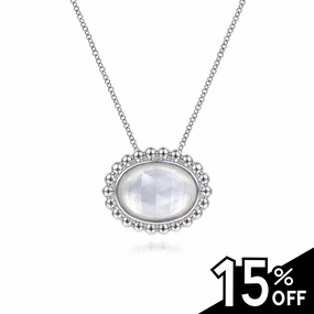 925 Sterling Silver Rock Crystal and White MOP Pendant Necklace Radiant Pieces Finish