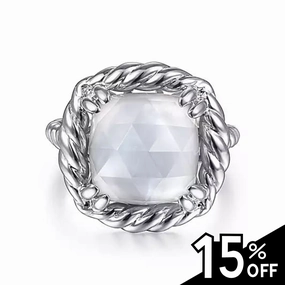 925 Sterling Silver Rope Rock Crystal and White Mother of Pearl Signet Ring Expressive Touch
