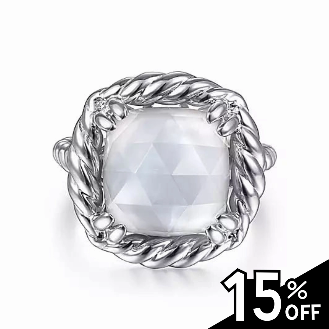 925 Sterling Silver Rope Rock Crystal and White Mother of Pearl Signet Ring Expressive Touch