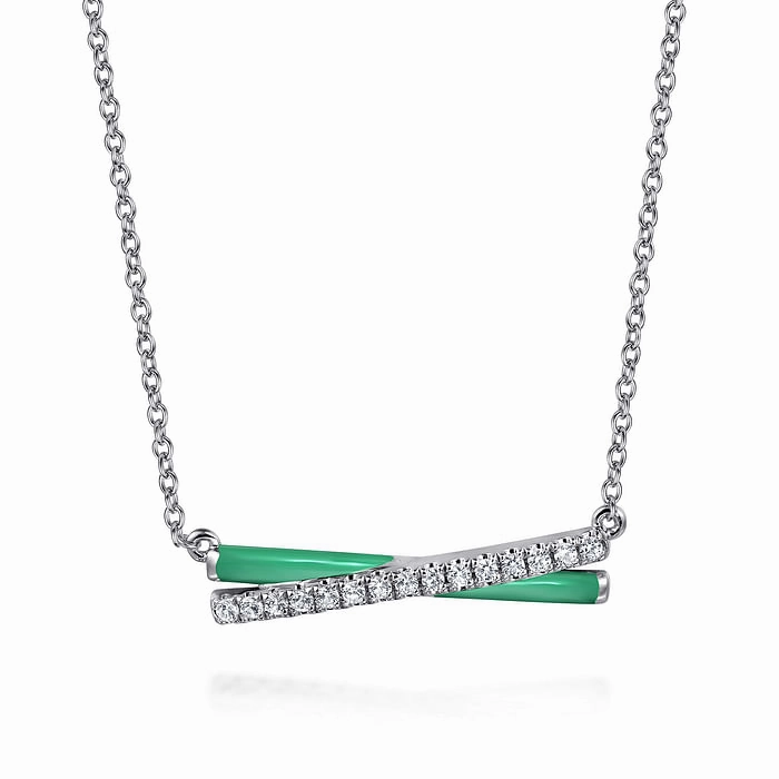 Anniversary Surprise Engagement Style 925 Sterling Silver White Sapphire and Mint Cockatoo Enamel Criss Cross Bar Necklace