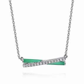Anniversary Surprise Engagement Style 925 Sterling Silver White Sapphire and Mint Cockatoo Enamel Criss Cross Bar Necklace