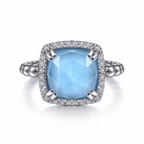 925 Sterling Silver White Sapphire and Turquoise Halo Signet Ring Refined Taste