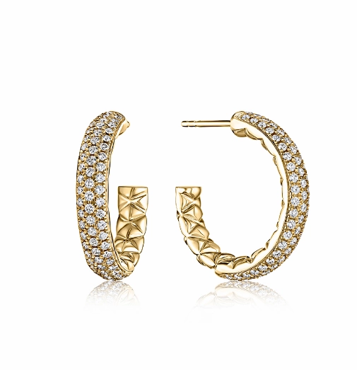 Simple Accent A. JAFFE Quilted Round Medium Hoop Diamond Earrings in 14K Yellow Gold (.88ctw)