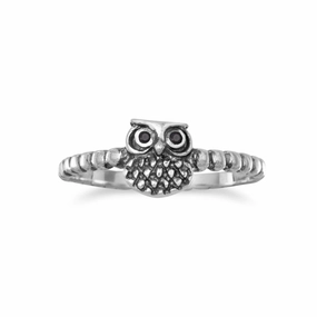 Cute Owl Ring with Black Cubic Zirconia Eyes Beaded Band Sterling Silver Mother Daughter Traditional Bauble