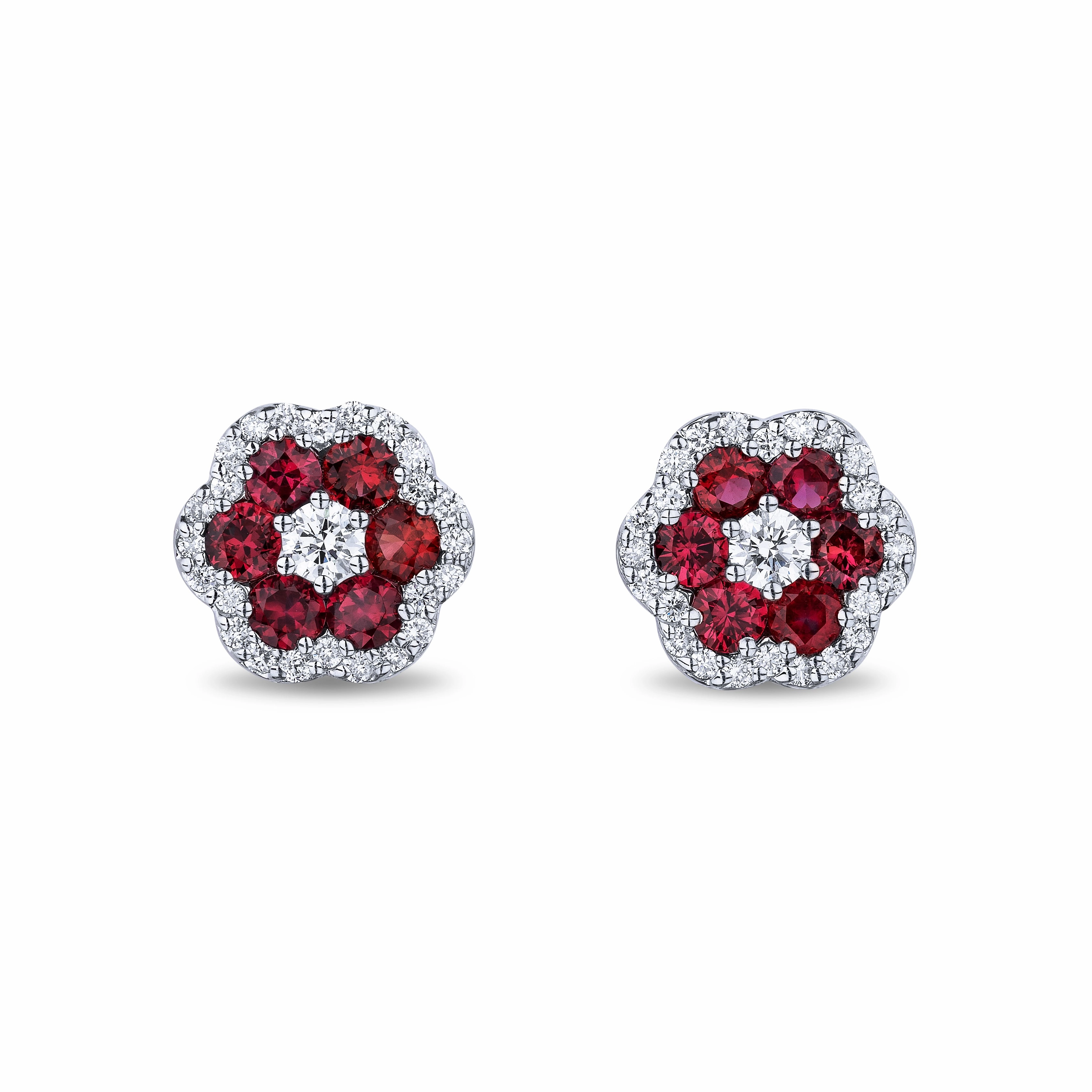 Bremer Jewelry Round Shape Rubies and Diamonds Solitaire/Stud Earrings in 18K White Gold (1.56ctw) Social Ornament