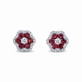 Bremer Jewelry Round Shape Rubies and Diamonds Solitaire/Stud Earrings in 18K White Gold (1.56ctw) Social Ornament
