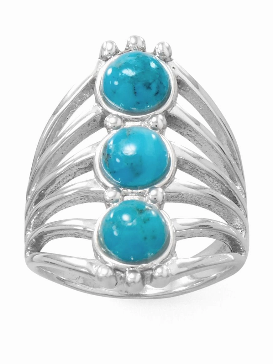Fresh Finish Abstract Design Reconstituted Three-stone Six Band Turquoise Ring Sterling Silver