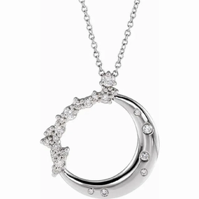 Bremer Jewelry My Brightest Star 14K White Gold 1/4ctw Crescent Moon and Stars Diamond Pendant with a 14K White Gold Cable Link Necklace (0.25ctw) Exclusive Adornment Wedding Item