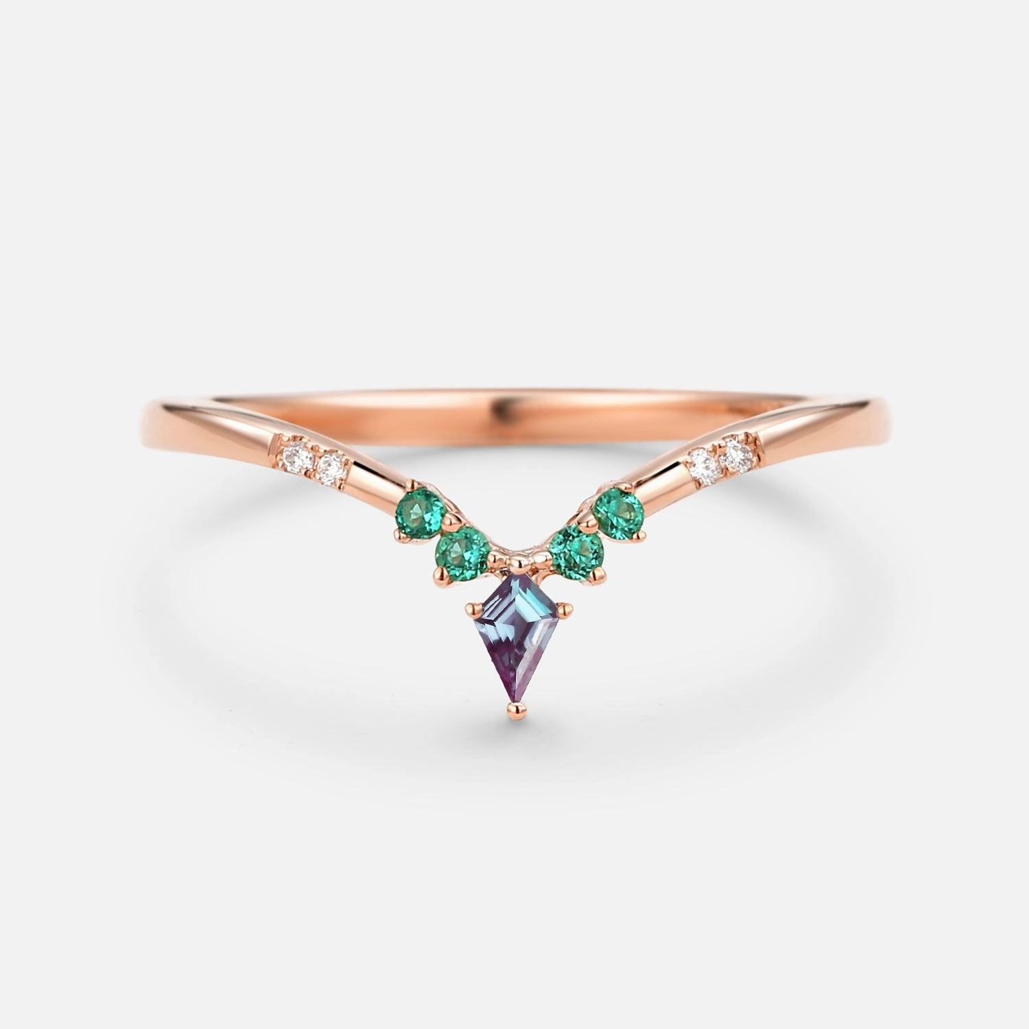 Alexandrite & Emerald & Moissanite Band V Shaped Ring Everyday Favorite