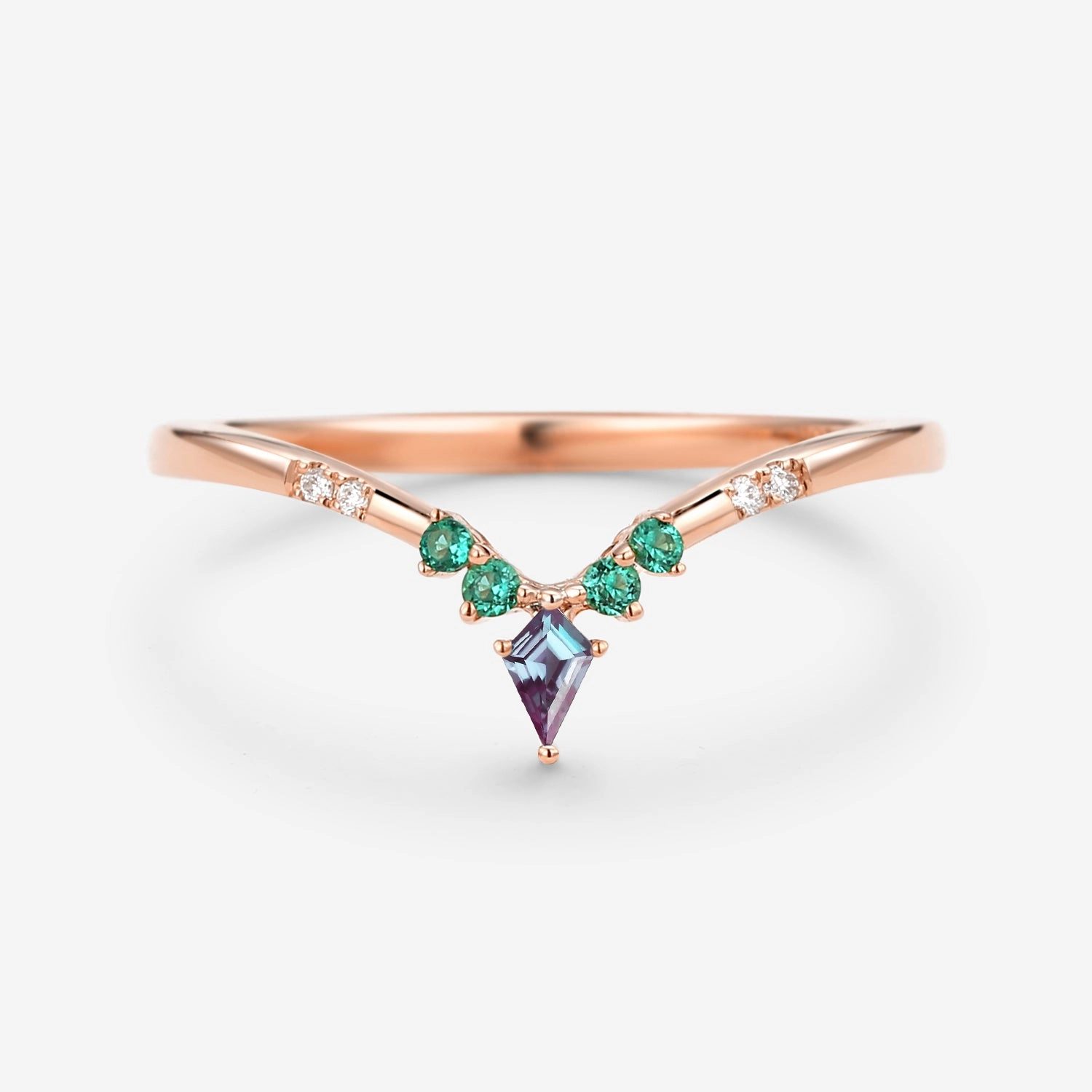 Refined Layer Versatile Accent Alexandrite & Emerald & Moissanite Band V Shaped Ring