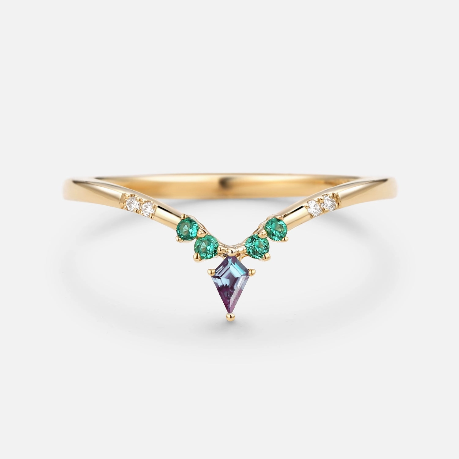 Alexandrite & Emerald & Moissanite Band V Shaped Ring Office Vibe Bold Fashion