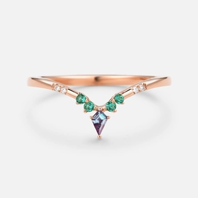 Alexandrite & Emerald & Moissanite Band V Shaped Ring Everyday Favorite