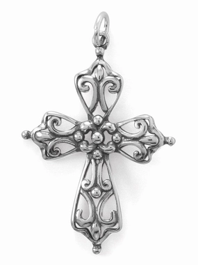 Timeless Favorite Smooth Texture Fleuree Cross Pendant with Beaded Open Design Antiqued Sterling Silver