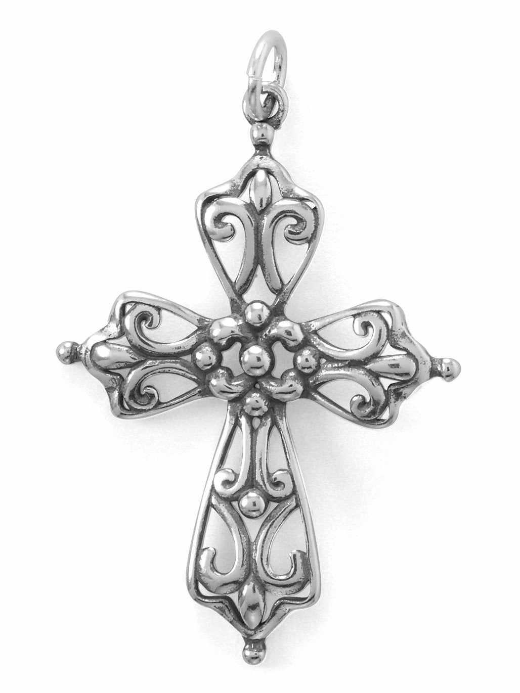 Timeless Favorite Smooth Texture Fleuree Cross Pendant with Beaded Open Design Antiqued Sterling Silver