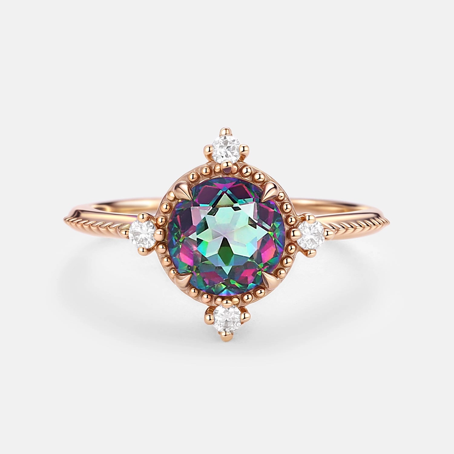 Vintage Inspired Mystic Topaz & Moissanite Rose gold Ring Luxury Edge