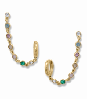 Quiet Luxury Sparkle Focus Hoop and Post Multi Gemstone Chain Earrings for Double Pierced Ears Gold-plated Silver