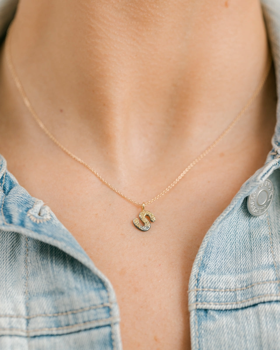 Confident Woman Alphabet Necklace 2.0 on 14ky Gold Chain - 22ky, 18ky, Oxidized Silver   VS Diamond