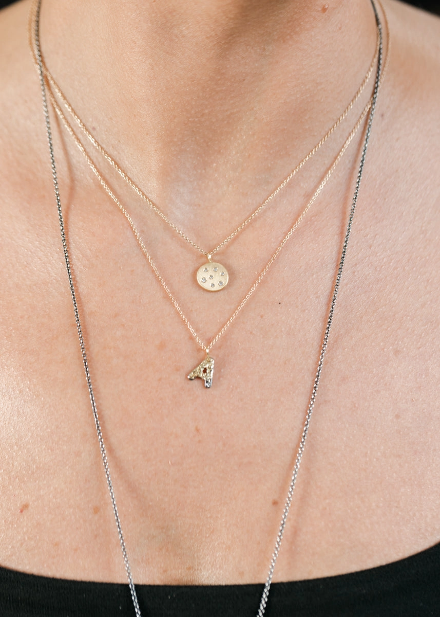Alphabet Necklace 2.0 on 14ky Gold Chain - 22ky, 18ky, Oxidized Silver   VS Diamond Polished Edge