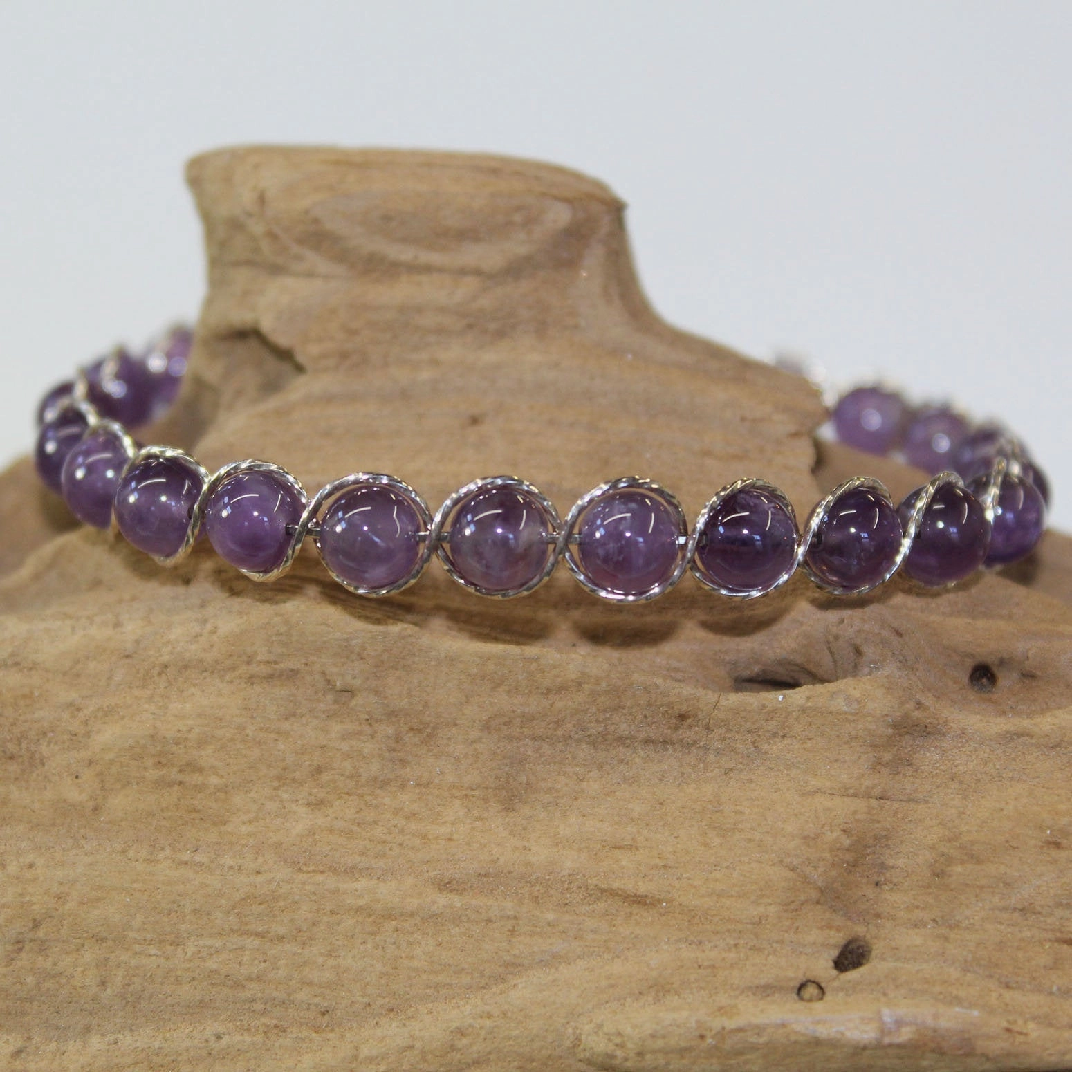 Amethyst Beads Sterling Silver Outline Twist Wire Bracelet Perfectly Viewed
