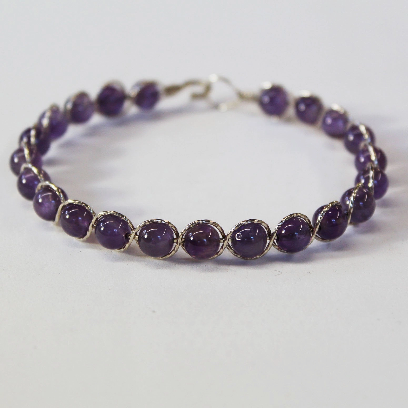 Amethyst Beads Sterling Silver Outline Twist Wire Bracelet Knot Ties