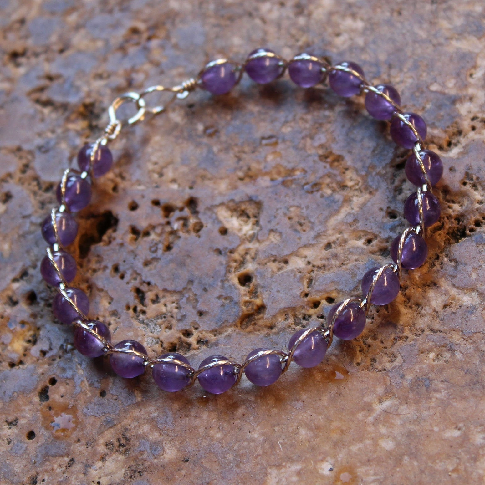Amethyst Beads Sterling Silver Outline Twist Wire Bracelet Unparalleled Beauty
