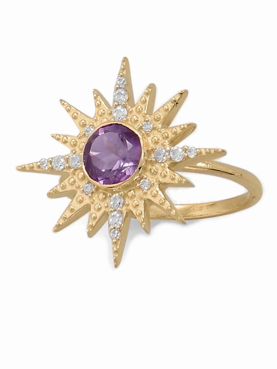 Wonderful Gift Amethyst Ring Star Sun Burst Gold-plated Sterling Silver with Cubic Zirconia