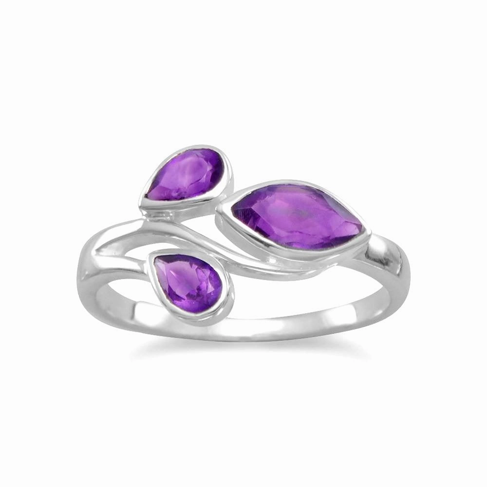 Amethyst Three-stone Ring with Teardrop and Marquise Stones Sterling Silver Deluxe Gift