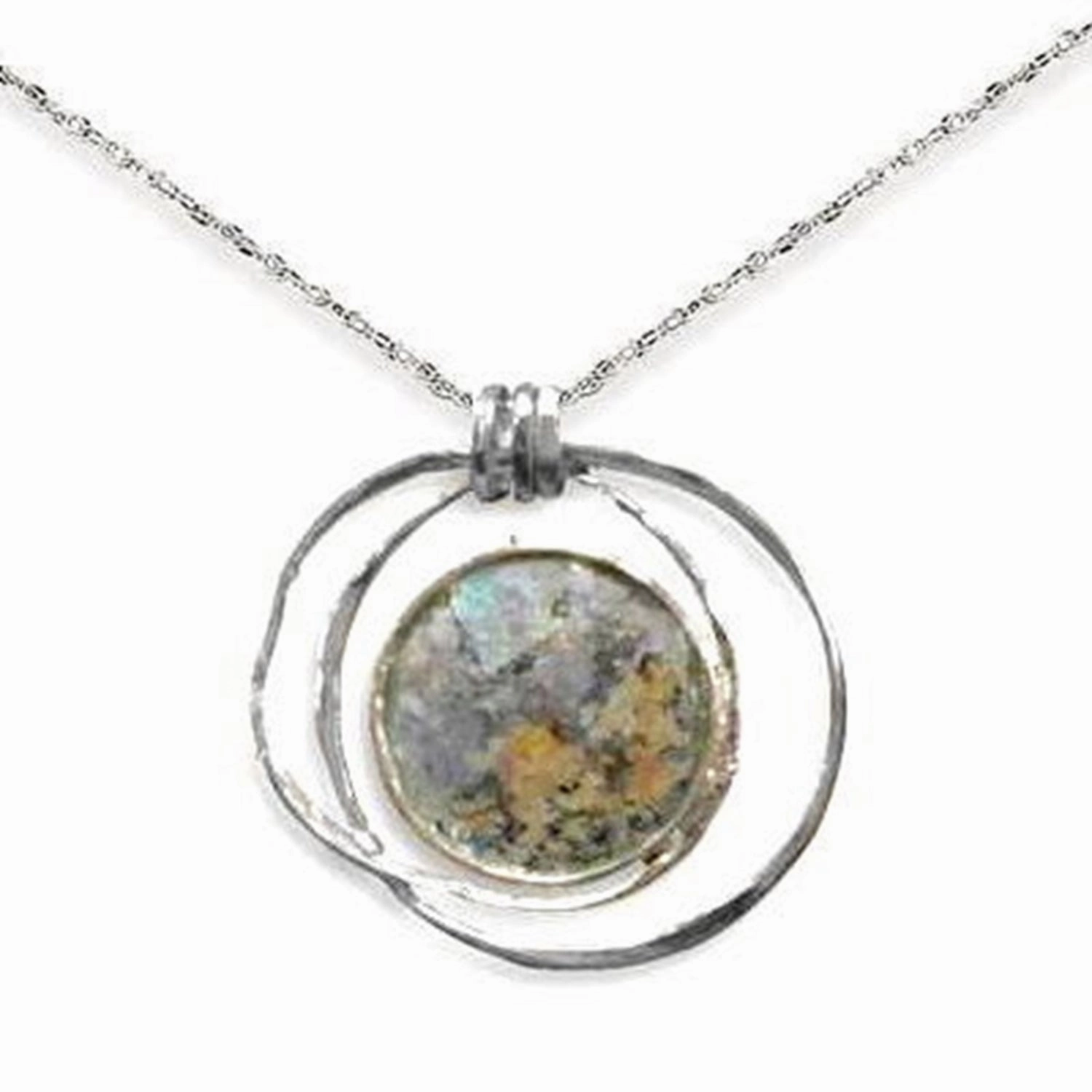 Ancient Roman Glass Hoop Pendant Necklace Textured Sterling Silver, with Chain Timeless Glow