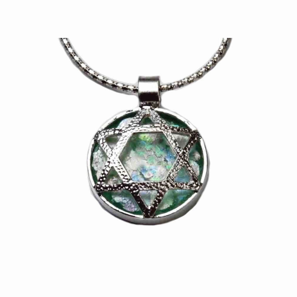 Ancient Roman Glass Necklace with Star of David Sterling Silver with Snake Chain Highlight Accent Lustrous Sparkle