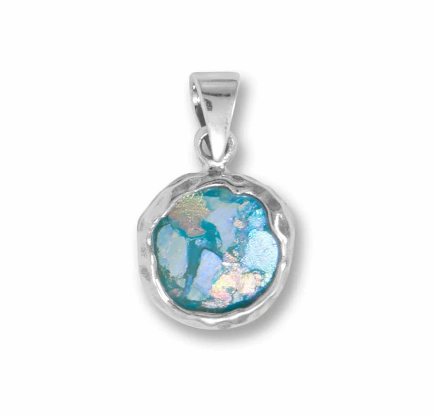 Ancient Roman Glass Pendant Hammered Edge Sterling Silver, Pendant Only Shiny Layer