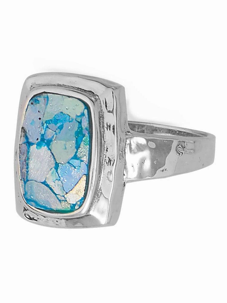 Ancient Roman Glass Ring Hammered Sterling Silver Rectangle Shape Eternal Jewelry Event Gift