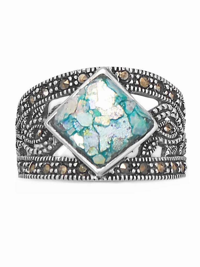 Spring Trend Ancient Roman Glass Ring with Marcasite Band Sterling Silver