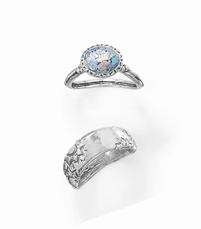 Eternal Adornment Daily Structure Ancient Roman Glass Two-piece Ring Set Sterling Silver