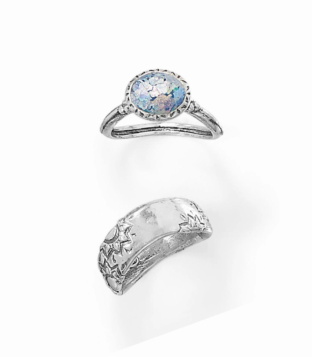 Custom Gift Ancient Roman Glass Two-piece Ring Set Sterling Silver