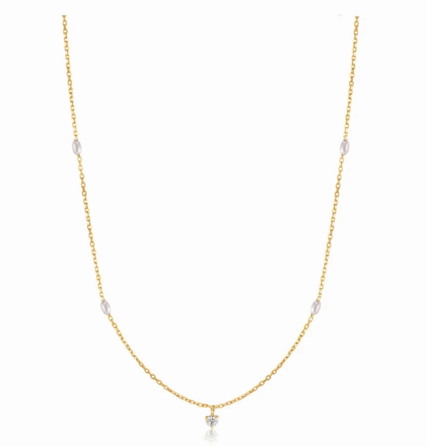 Timeless Beauty Ania Haie 14K Yellow Gold White Sapphire and Cultured Pearl 18 inch Station Necklace