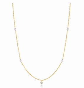 Timeless Beauty Ania Haie 14K Yellow Gold White Sapphire and Cultured Pearl 18 inch Station Necklace
