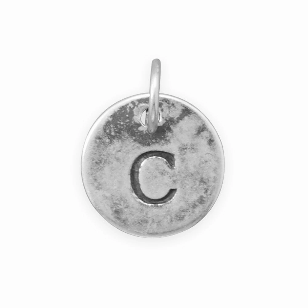 Antiqued Finish Sterling Silver Letter C Disk Charm Vibrant Piece Daily Details