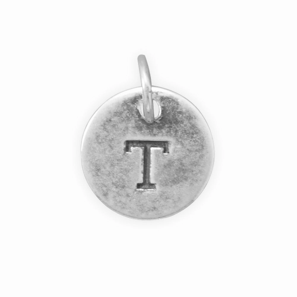 Antiqued Finish Sterling Silver Letter T Disk Charm Luxury Shine Finish Artisan Highlight