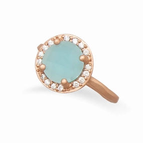 Budget Design Glam Present Aqua Blue Ring with Cubic Zirconia Halo Rose Gold-plated Sterling Silver