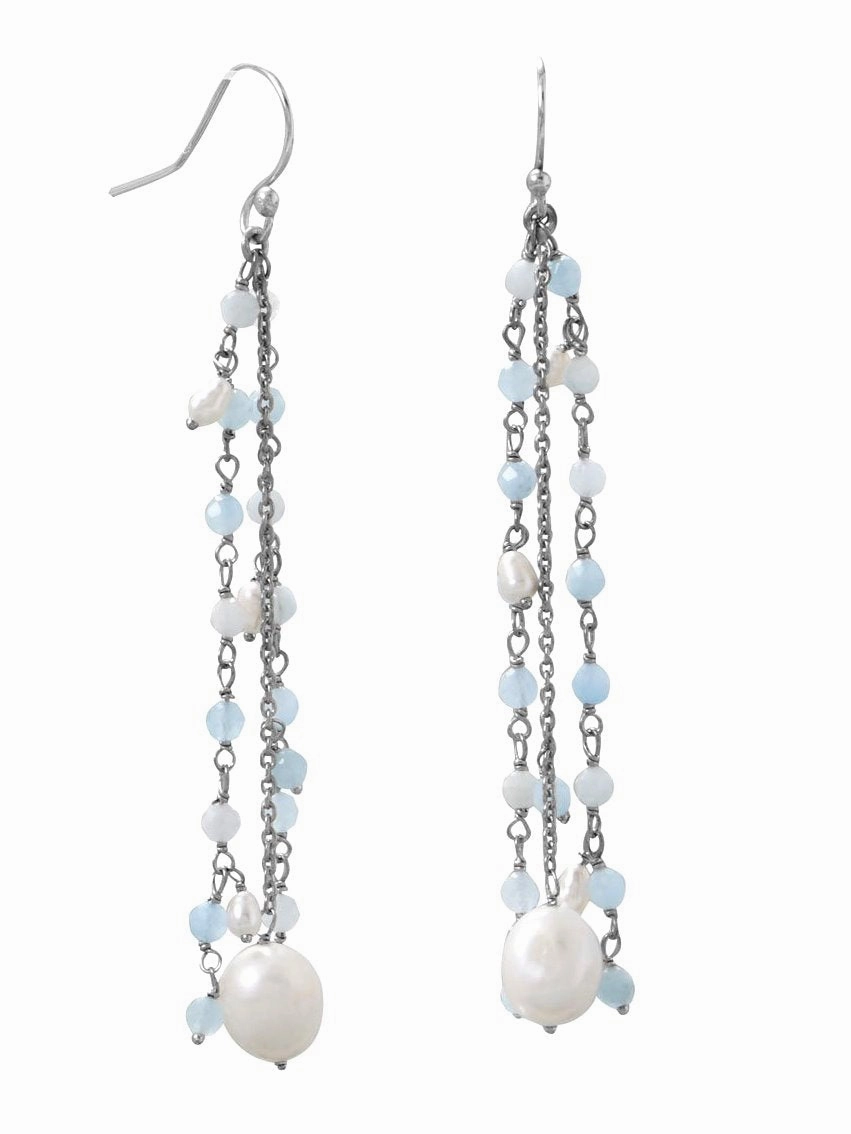 Aquamarine and Cultured Freshwater Pearl Drop Earrings with Triple Chain Chic Pop