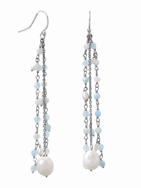 Aquamarine and Cultured Freshwater Pearl Drop Earrings with Triple Chain Chic Pop