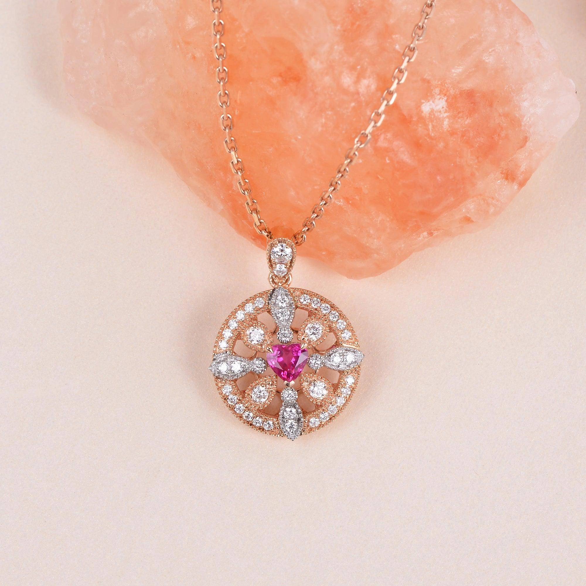 Art-Deco Heart Shaped Ruby Rose Gold Necklace Luxurious Touch Bridal Accessory